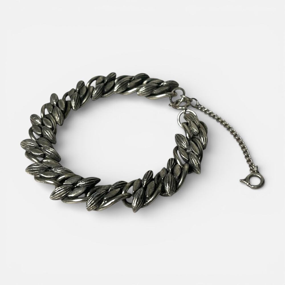 Vintage Silver Tone Leaf Link Bracelet Adjustable Safety Chain Spring Clasp
